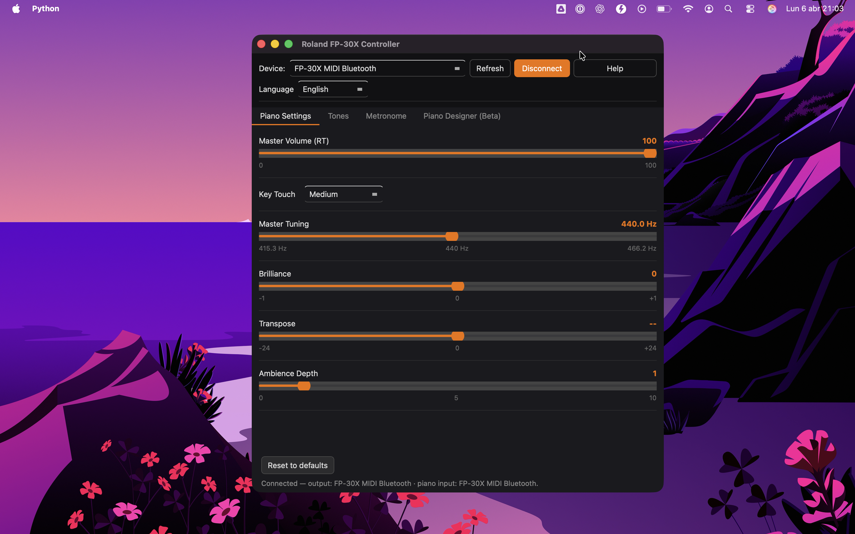 Piano Settings tab